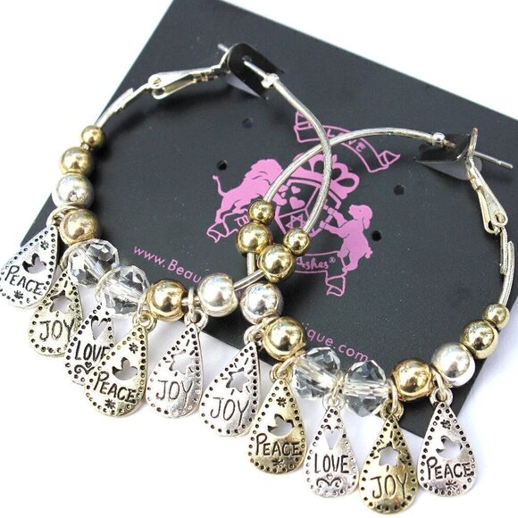 Peace Hope Love 2 Tutone Clear Crystal Hoops Hoop Dangle Silver Metal Earrings - Picture 1 of 6